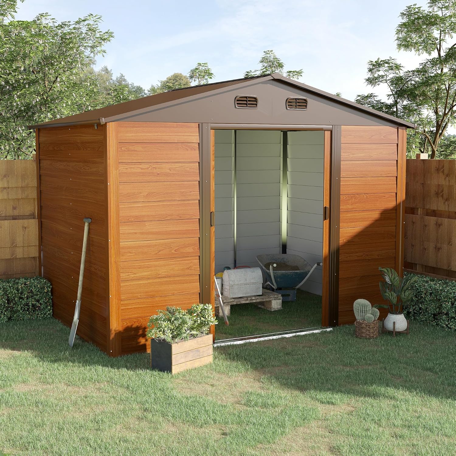 Outsunny Casetta da Giardino Porta Attrezzi in Acciaio con Porte Scorrevoli e Prese d'Aria, 278x195x215cm, Marrone