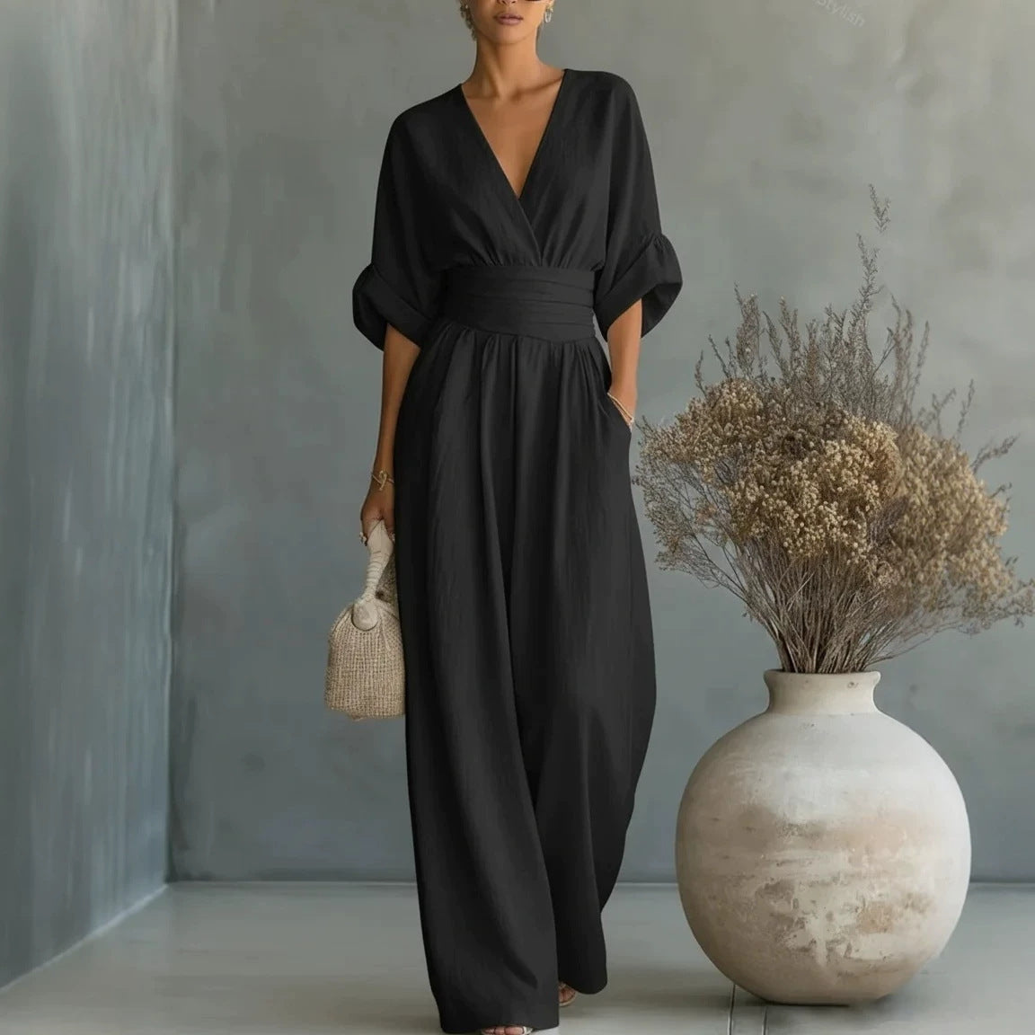 Women's Solid-Color V-Neck Jumpsuit - Nordfashionstorm - Women's Clothing, Fashion for You - Nordfashionstorm.com