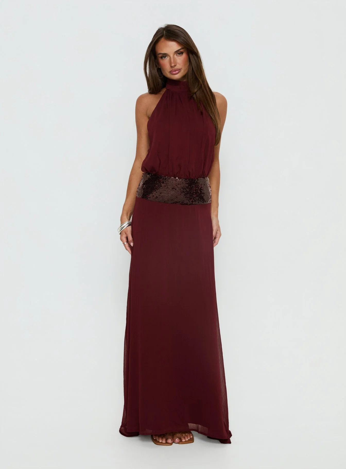 Darwinn Drop Waist Sequin Detail Maxi Dress Burgundy