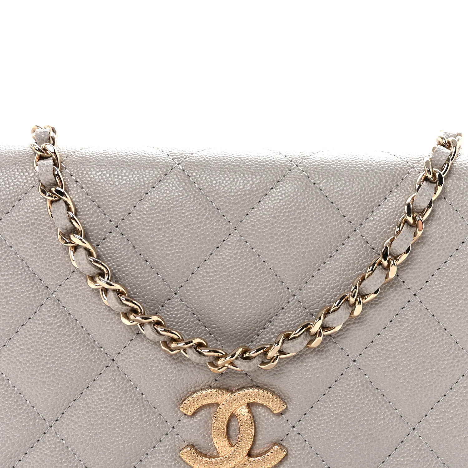Caviar Quilted Studded CC Wallet On Chain WOC Grey - Top Club