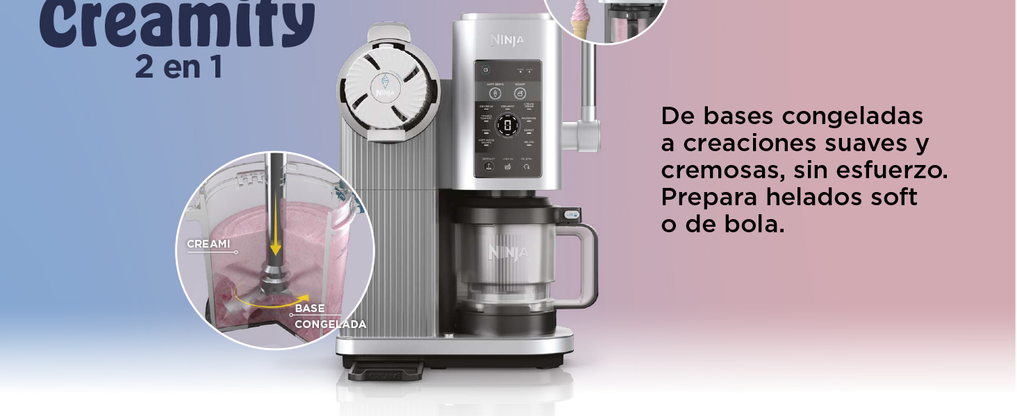 El texto dice «Creamify 2 en 1» y «De bases complètes à cremèmes suaves». Publicidad de productos que muestran aparatos relacionados con el café.