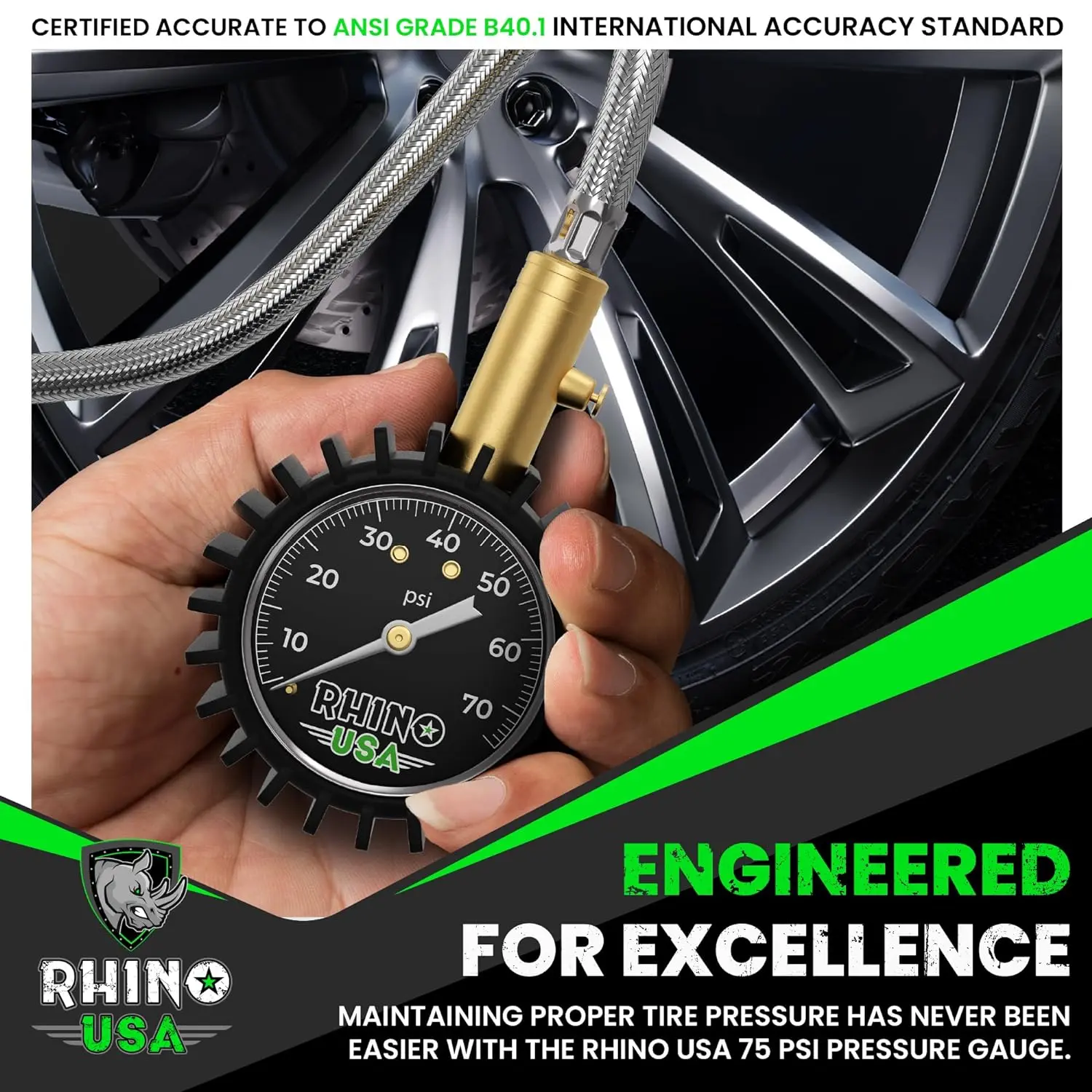 Rhino USA Heavy Duty Tire Pressure Gauge (0-75 PSI) Certified ANSI B40.1 Accurate, Large 2