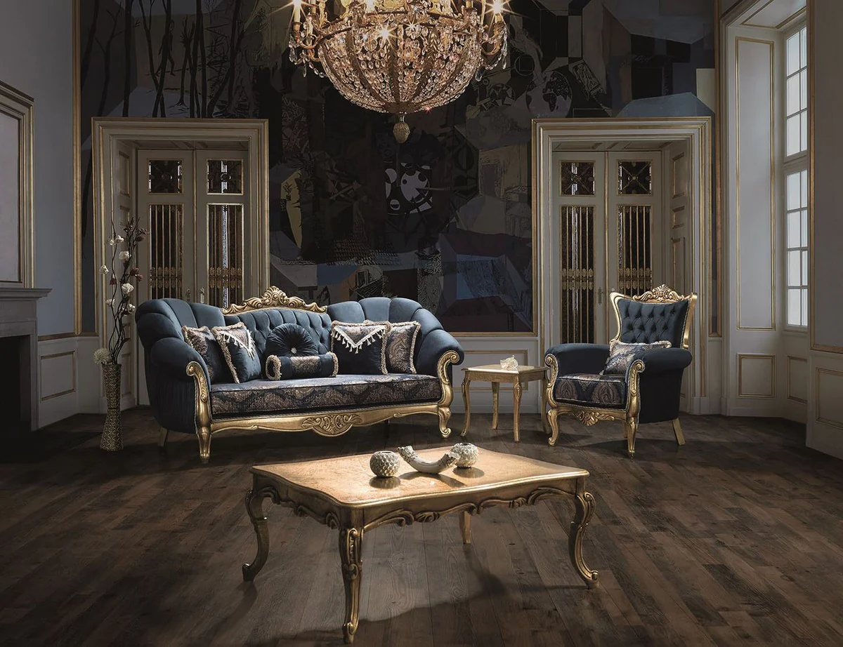 Luxury baroque sofa blue / gold 220 x 90 x H. 110 cm - magnificent living room sofa with glittering stones and decorative pillows