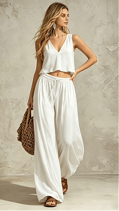 Women's Solid Color V-Neck Sleeveless Cami Top & Wide Leg Pants Casual Set - Nordfashionstorm - Women's Clothing, Fashion for You - Nordfashionstorm.com