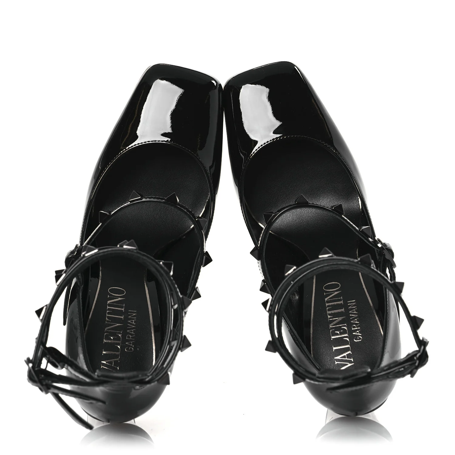 Patent Monochrome Rockstud Tan-Go Ankle Strap Pumps 37 Black
