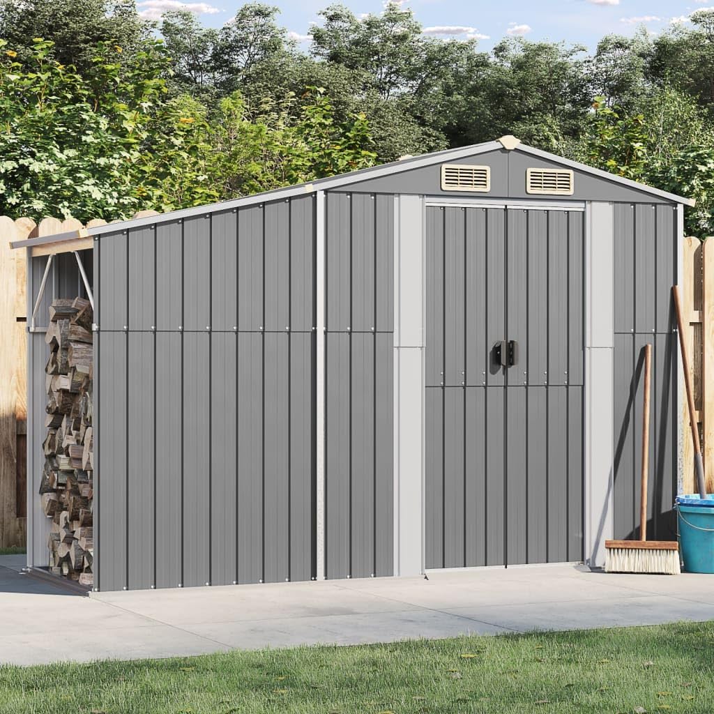 Casetta da Giardino in Metallo, Casetta Attrezzi da Giardino in Acciaio, Capanno da Giardino con Tetto Inclinato e Portalegna da Ardere, Grigio 277x93x179 cm