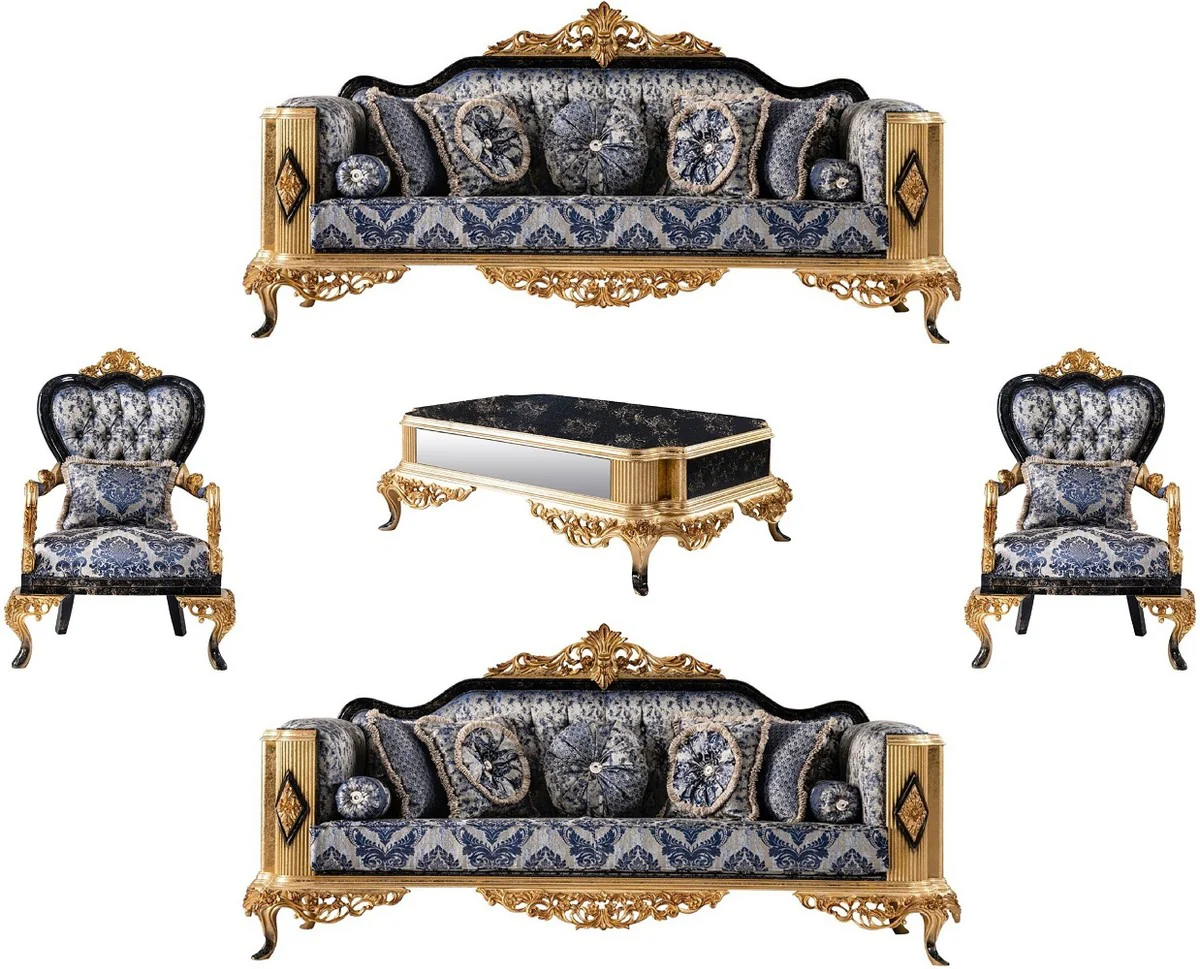 Luxury Baroque Living Room Set Blue / Black / Gold - 2 Baroque Sofas & 2 Baroque Armchairs & 1 Baroque Coffee Table - Luxury Living Room Furniture in Baroque Style - Baroque Furniture - Noble & Magnificent