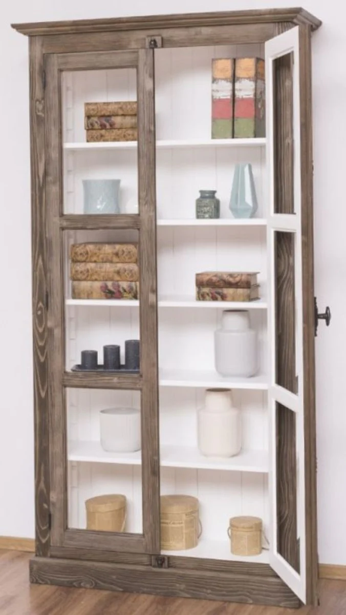 Country house style display cabinet brown / white 109 x 40 x H. 210 cm - solid wood cabinet with 2 glass doors - display cabinet - country house style furniture
