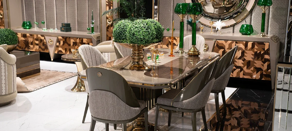 Luxury Dining Table Gray / Brown / Gold - Rectangular Luxury Kitchen Table - Dining Room Furniture - Luxury Furniture