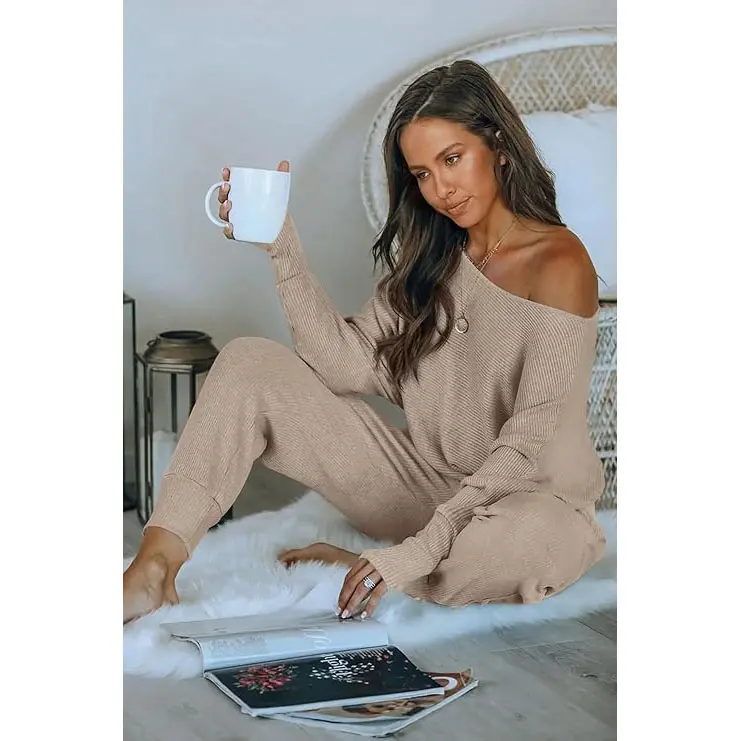 PrettyGarden Women's 2-Piece Set Off Shoulder Ribbed Tracksuit Long Sleeves Pullover Plus Size with Pockets for Spring Outfit#falltok