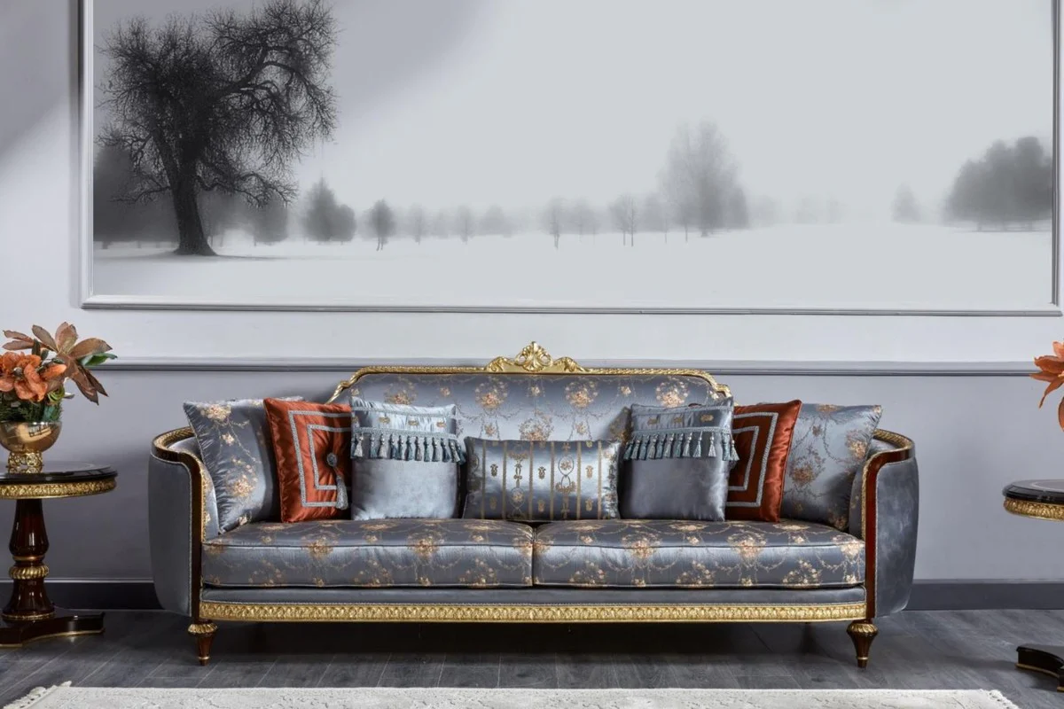 Luxury Baroque Living Room Set Beige / Blue / Dark Brown / Gold - 2 Sofas & 2 Armchairs & 1 Coffee Table & 2 Side Tables - Handmade Living Room Furniture in Baroque Style - Noble & Magnificent