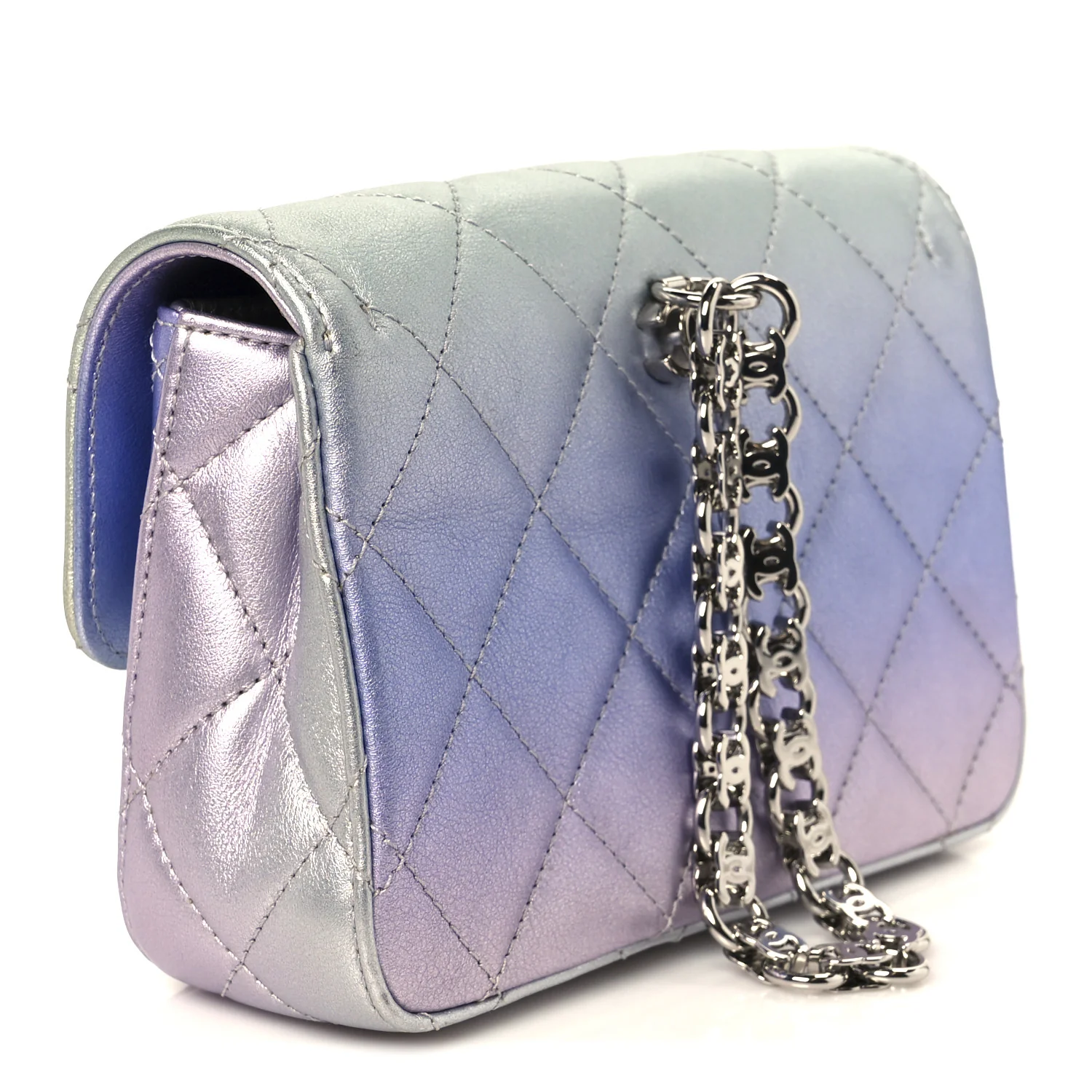 Gradient Metallic Calfskin Quilted Clutch Silver Blue Yellow Purple - Top Club