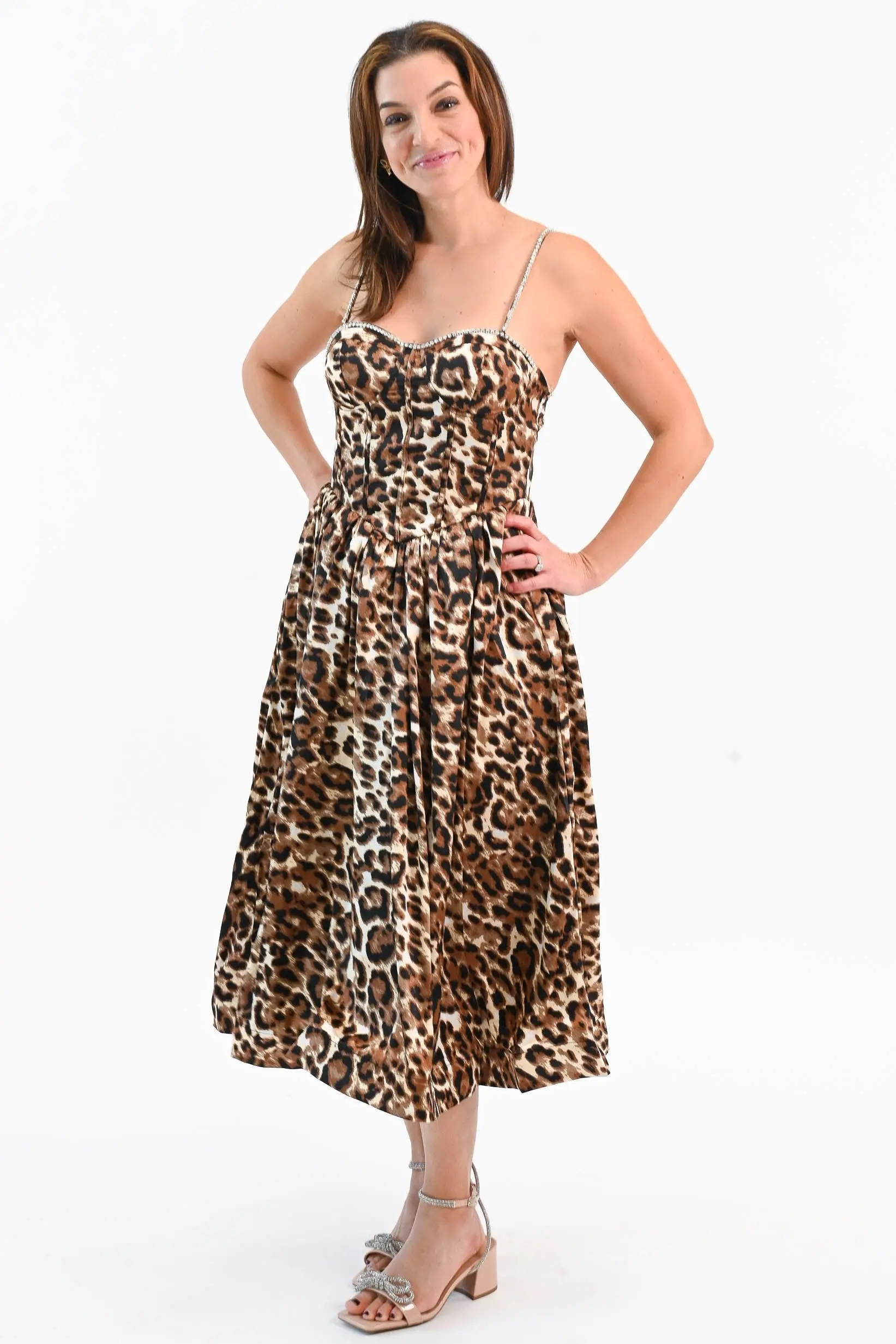 That Don't Impress Me Much Leopard Midi Dress with Rhinestone - ALJEGJ