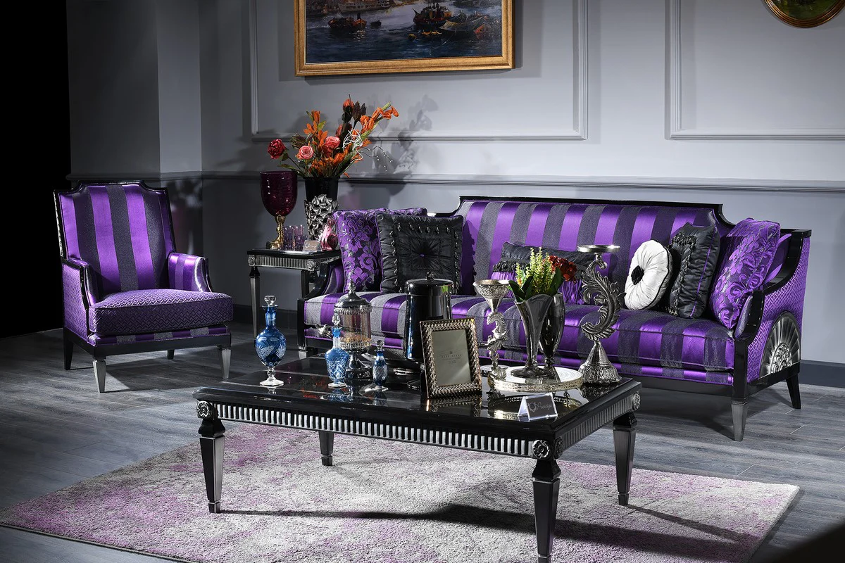 Luxury Baroque Living Room Set Purple / Black / Silver - 1 Sofa & 1 Armchair & 1 Coffee Table & 1 Side Table - Baroque Furniture