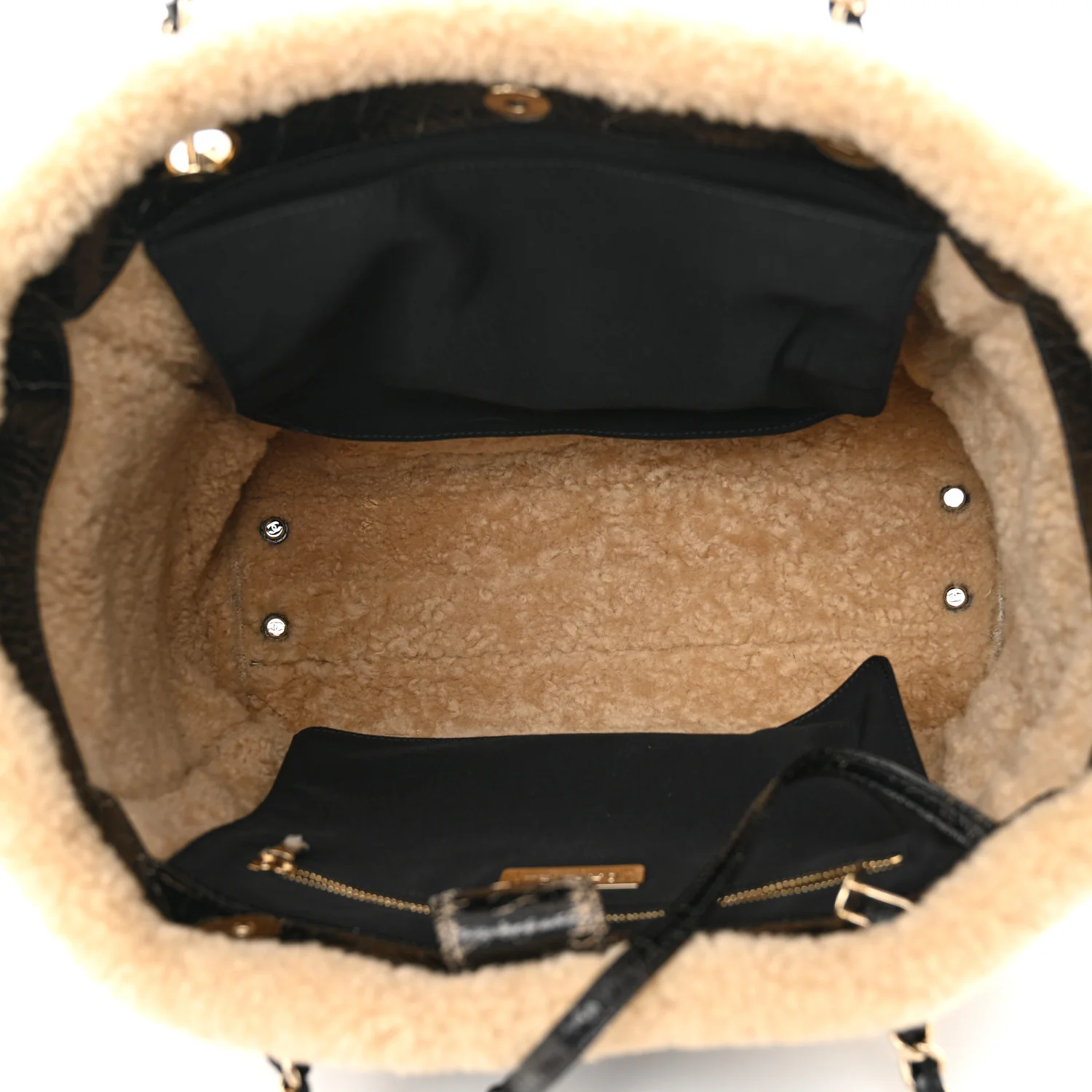 Shiny Crumpled Sheepskin Shearling CC Mania Tote Bag Black Beige - Top Club
