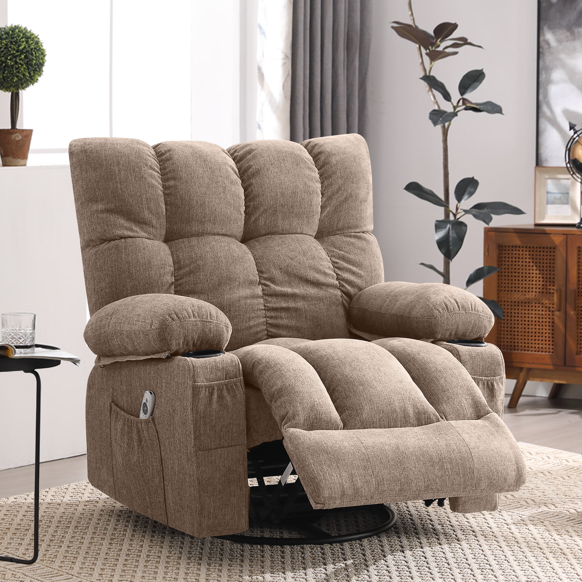 JONPONY Manual Recliner Chair with Heat Therapy and Massage Function, Heavy Duty Reclining Mechanism Massage Chair, Elderly Single Rocker Sofa with Cup Holders for Bedroom Home Theater, Grey