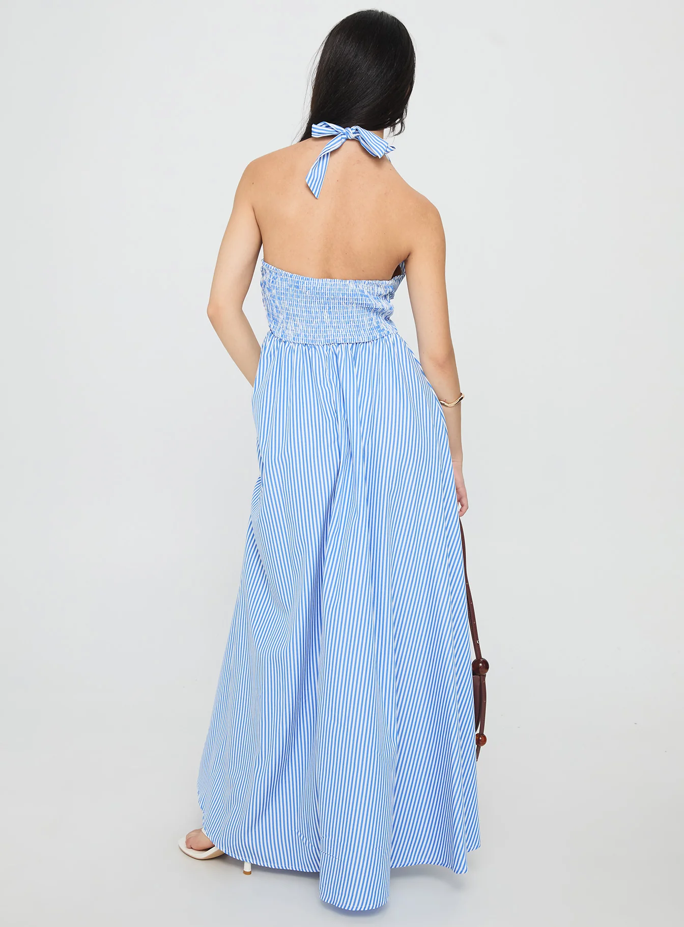 Ivie Halter Plunge Maxi Dress Blue Stripe