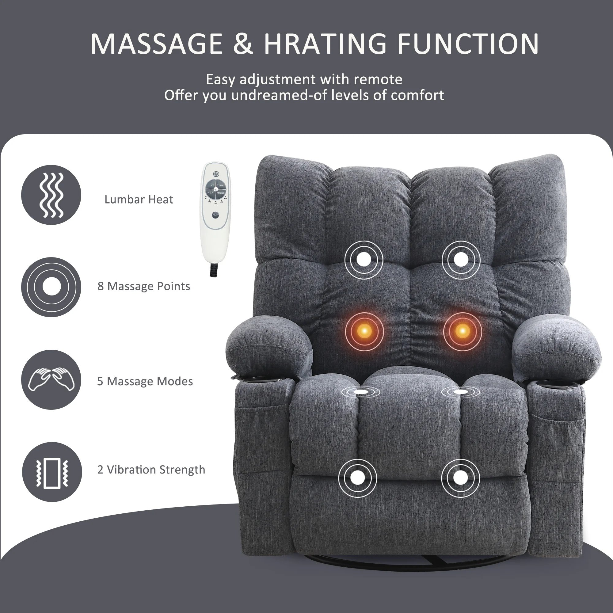 JONPONY Manual Recliner Chair with Heat Therapy and Massage Function, Heavy Duty Reclining Mechanism Massage Chair, Elderly Single Rocker Sofa with Cup Holders for Bedroom Home Theater, Grey