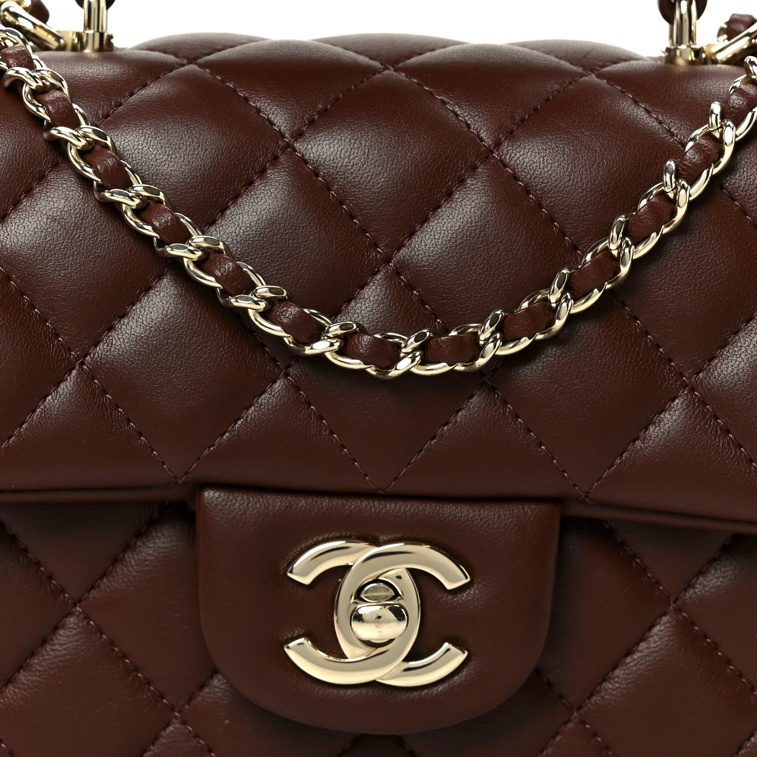 Lambskin Quilted Mini Top Handle Rectangular Flap Dark Brown - Top Club
