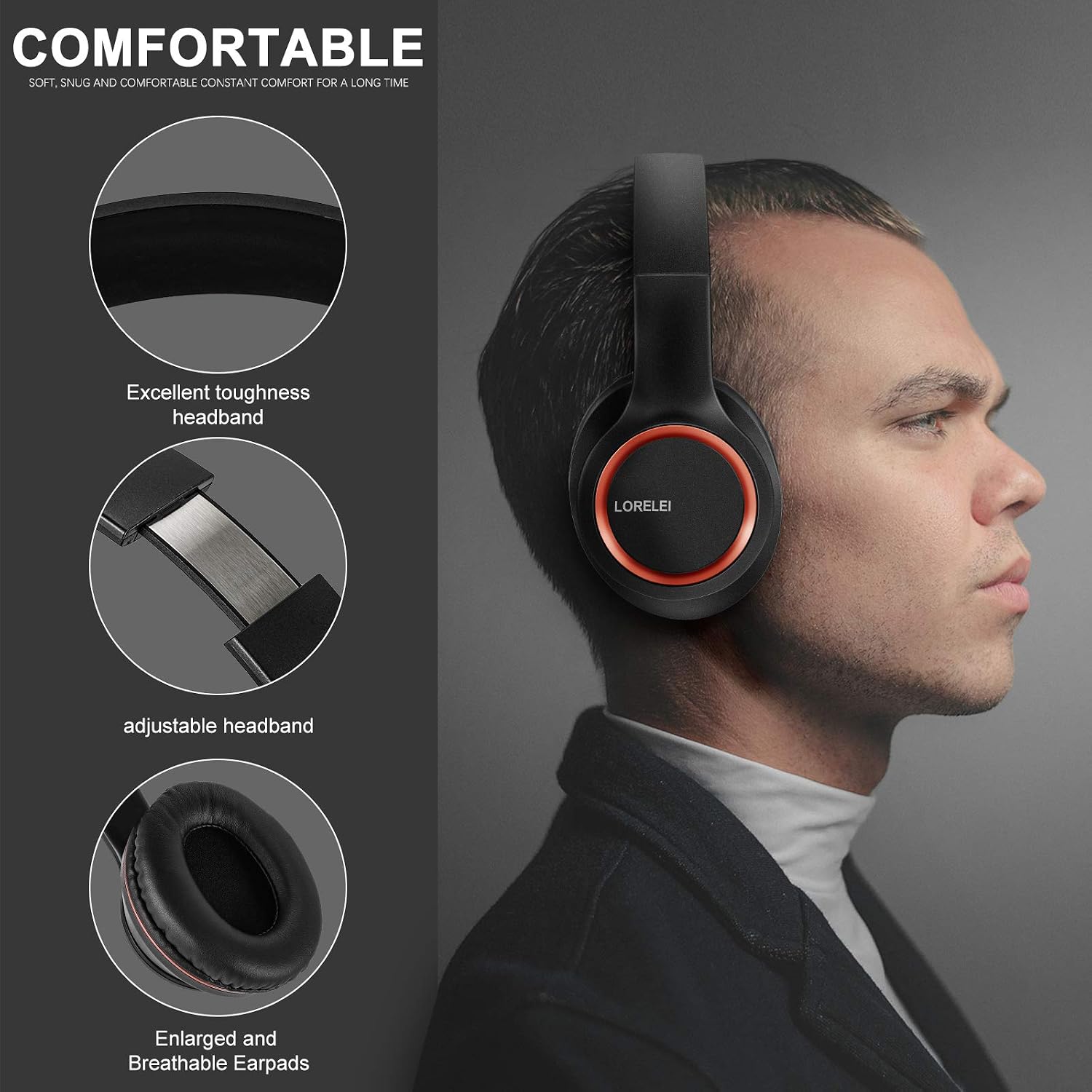 LORELEI X8 Over-Ear Wired Headphones with Microphone, 1.45m Tangle-Free Nylon Cable & 3.5mm Plug, Lightweight Foldable & Portable Headphones for Smartphone, Tablet, Computer, Mp3/4 (Space Black)