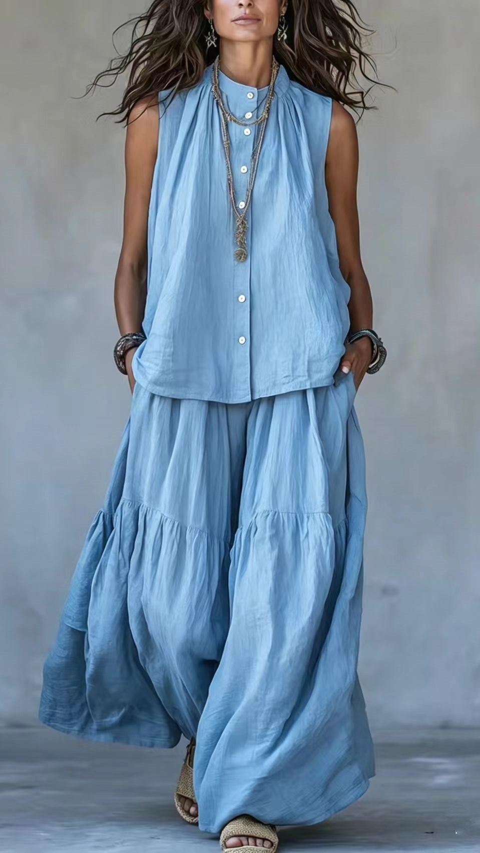 Women's Two-Piece Set: Stand-Collar, Sleeveless Top with Front Placket & Wide-Leg Pants - Nordfashionstorm - Women's Clothing, Fashion for You - Nordfashionstorm.com