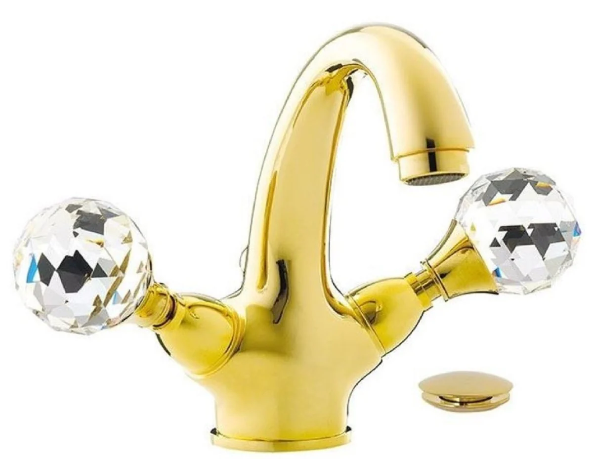 Luxury washbasin fitting with Swarovski crystal glass gold H. 15 cm - single hole mixer with waste set - luxury bathroom accessories - Made in Italy
