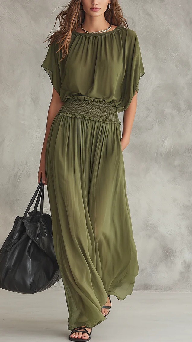 Women's Chiffon Long Dress with Shirred Waist - Nordfashionstorm - Women's Clothing, Fashion for You - Nordfashionstorm.com