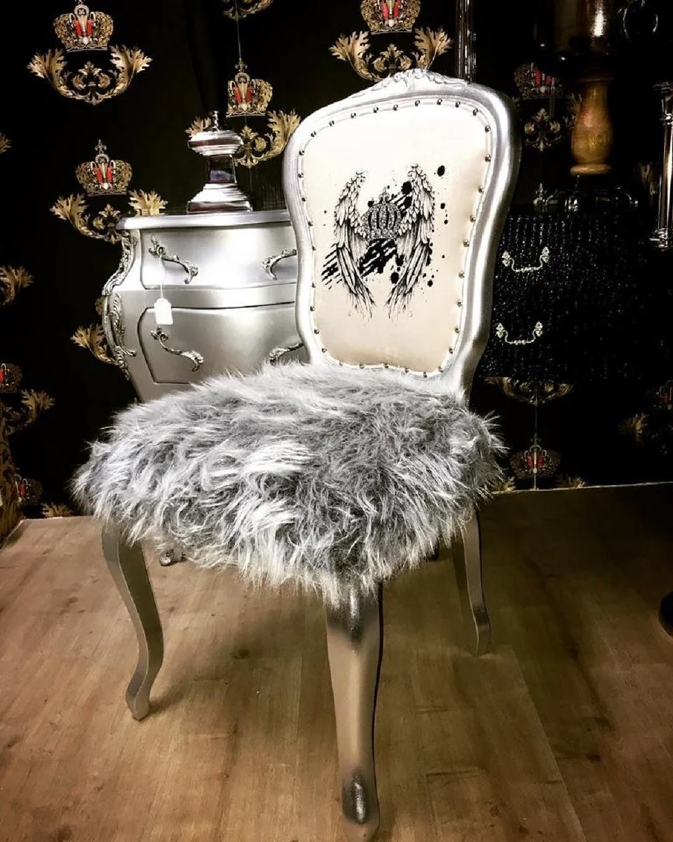 Pompöös by Luxury Baroque Dining Room Chairs Crown White / Gray / Silver - Pompöös Baroque Chairs designed by Harald Glööckler - 6 dining room chairs with faux fur