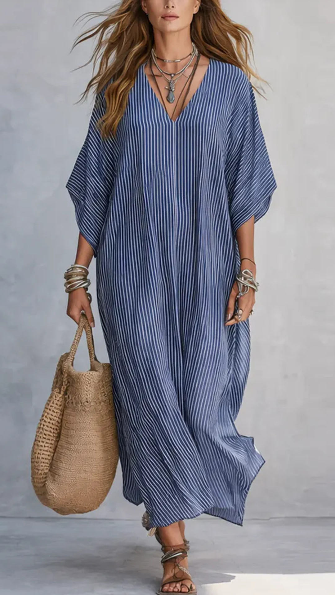 Women's Cotton-Blend Blue & White Striped V-Neck Loose Dress - Nordfashionstorm - Women's Clothing, Fashion for You - Nordfashionstorm.com