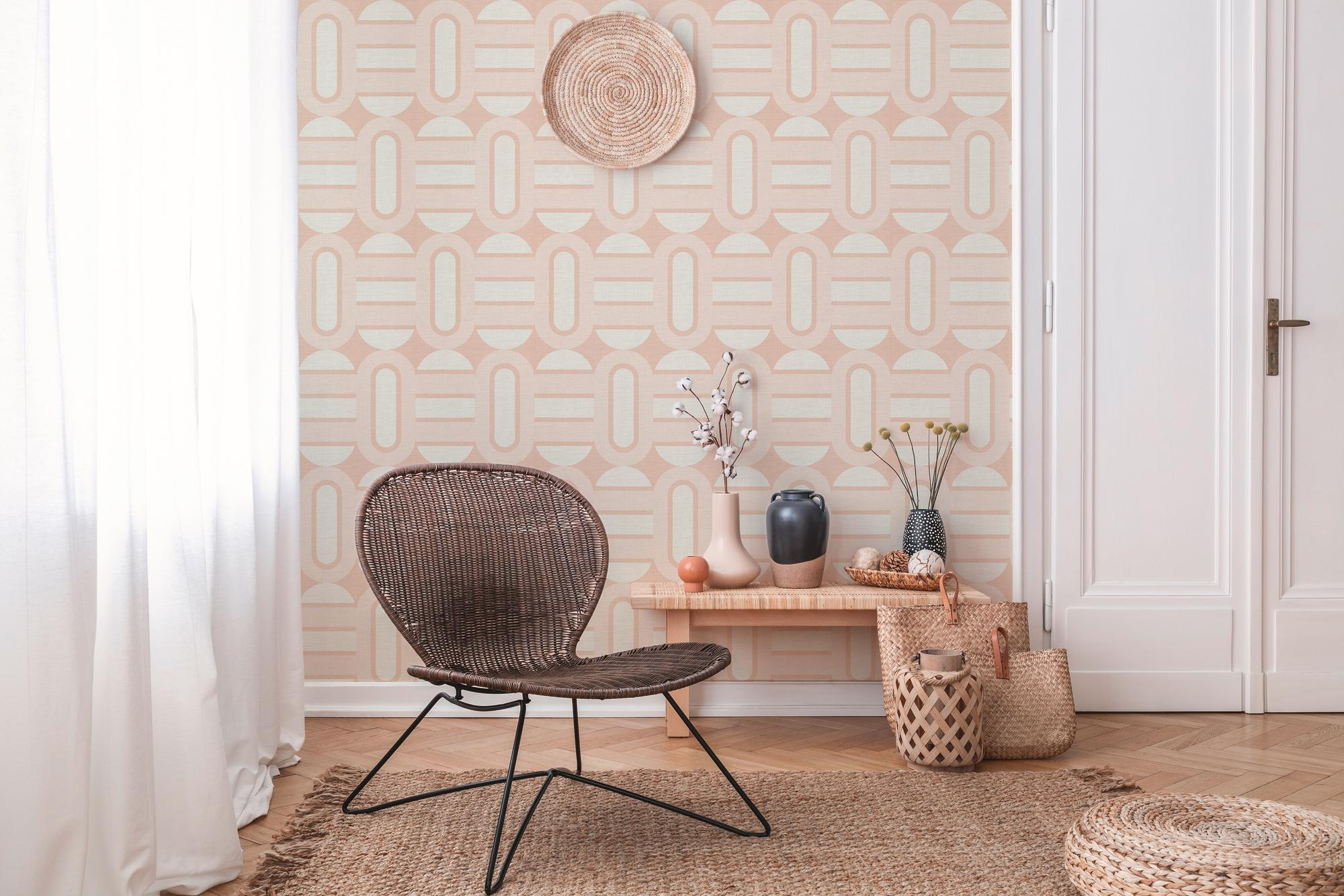 Vliesbehang zachtroze tinten in retropatronen met ovalen en balken - beige, crème, roze Zachtroze tinten in retropatronen met ovalen en balken - beige, crème, roze #1