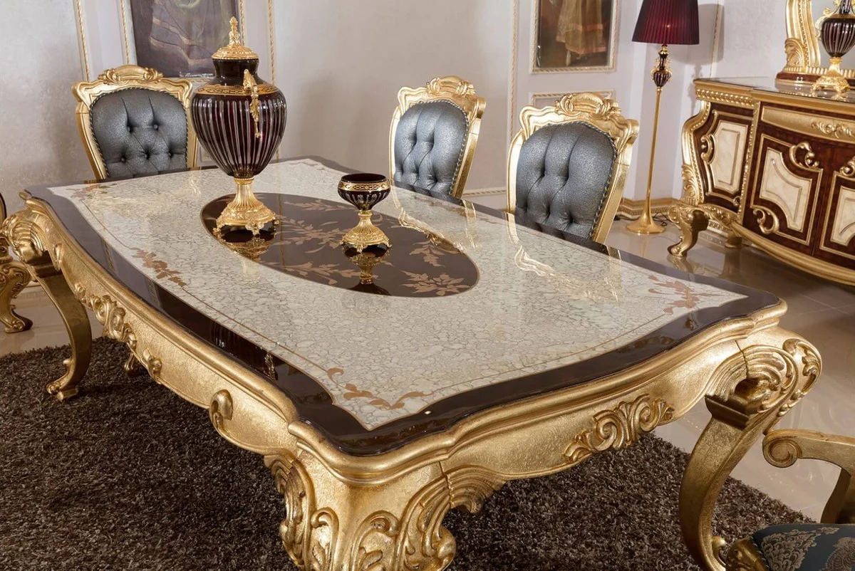 Luxury Baroque Dining Room Set Blue / White / Brown / Gold - 1 Baroque Dining Table & 6 Baroque Dining Chairs - Baroque Dining Room Furniture - Luxury Furniture in Baroque Style - Noble & Magnificent
