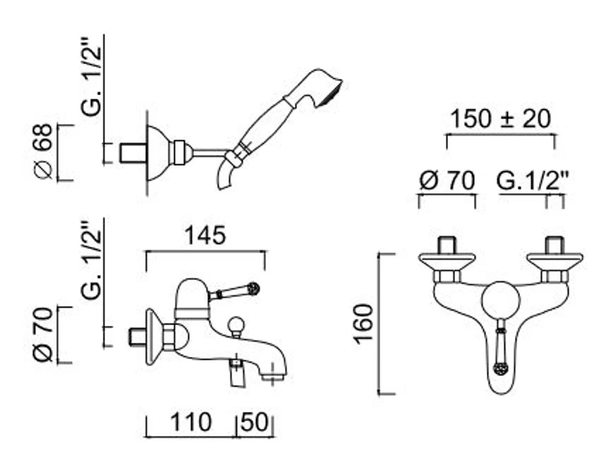 Luxury exposed shower single lever mixer with duplex shower set silver - luxury quality made in Italy