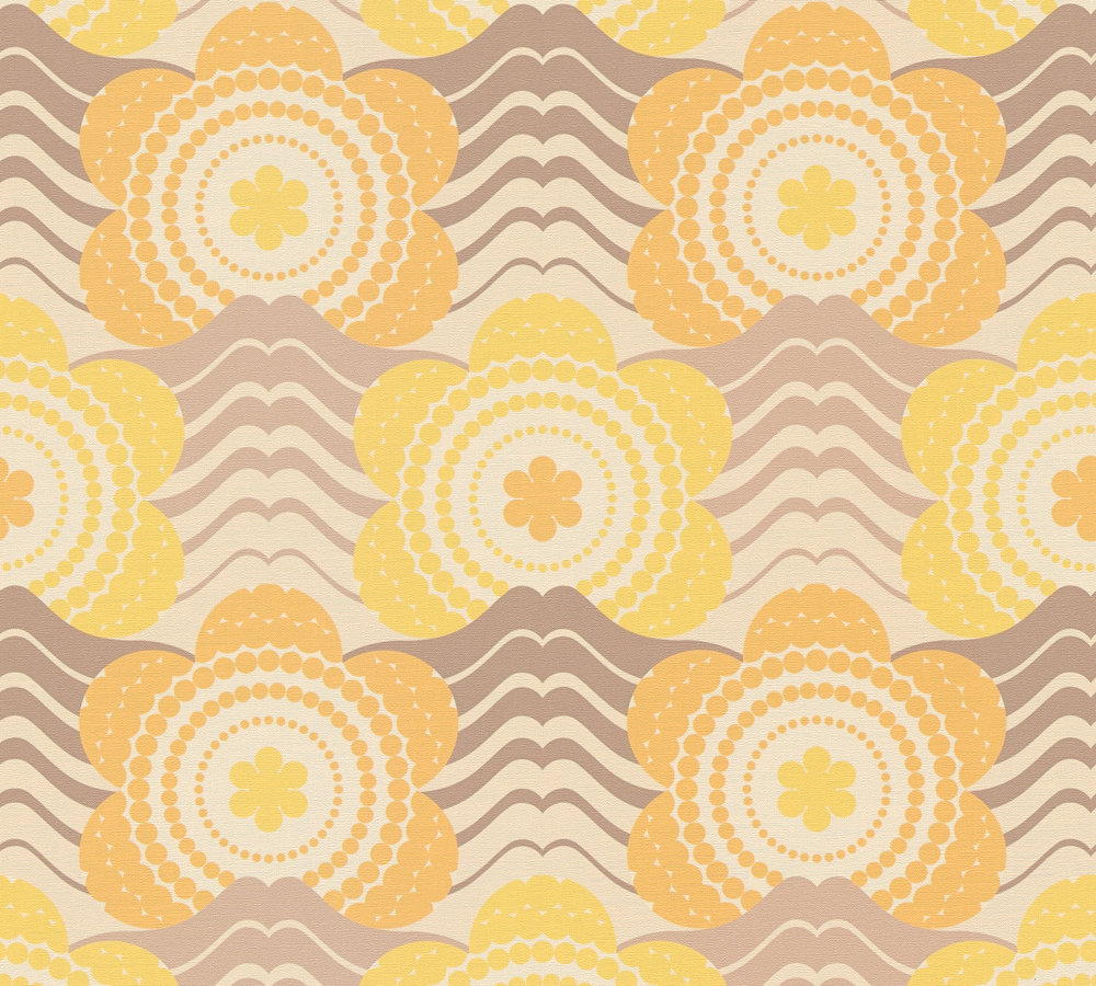 Retro bloemmotief behang - beige, bruin, oranje Vliesbehang met bloemmotief in de stijl van de jaren 70 - beige, bruin, oranje #1