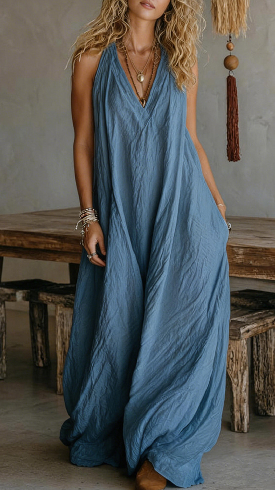 Women's Halter V-Neck Linen-Blend Maxi Dress - Nordfashionstorm - Women's Clothing, Fashion for You - Nordfashionstorm.com