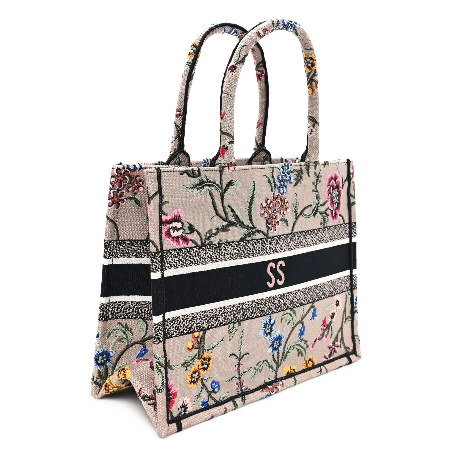 Canvas Embroidered Petites Fleurs Medium Book Tote Rose Multicolor - Top Club