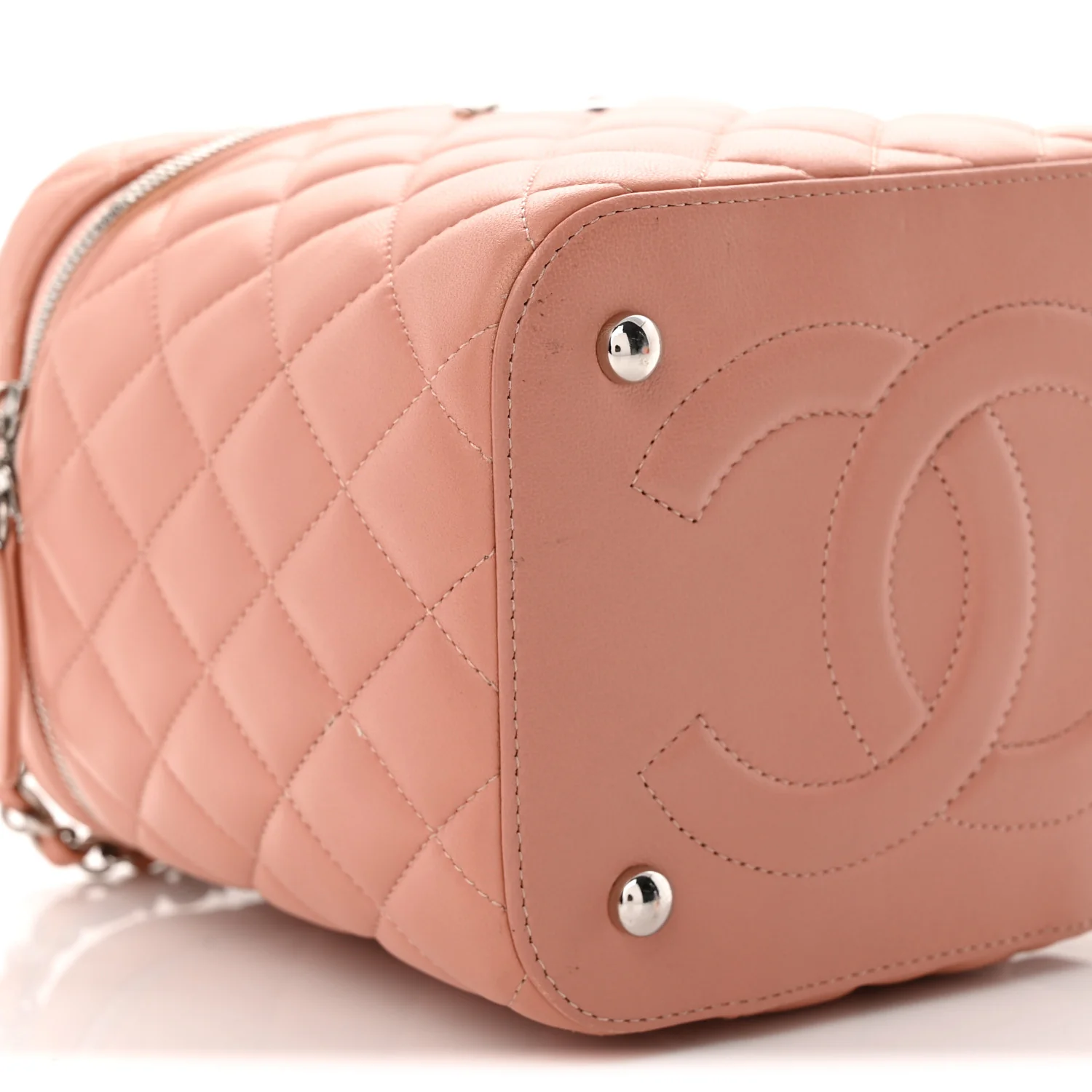 Lambskin Quilted Top Handle Vanity Case With Chain Light Pink - Top Club