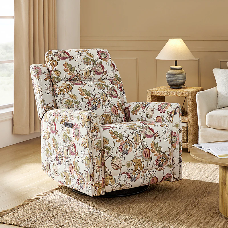 Alois Large Floral Swivel And Rocker Power Recliner With Adjustable Headrest