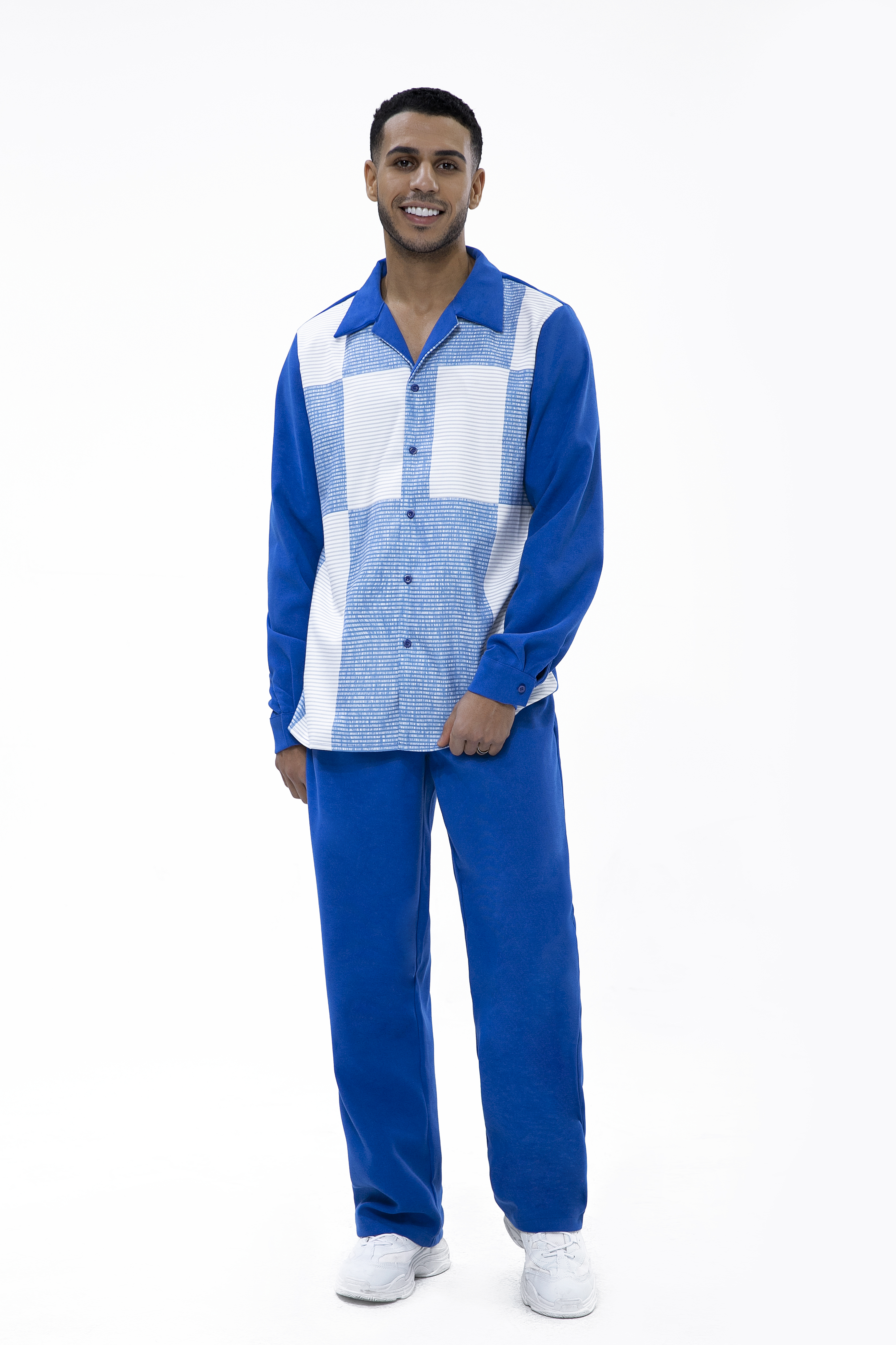 Suitmens Long Sleeve Trousers Blue Suede Two-Piece Walking Set