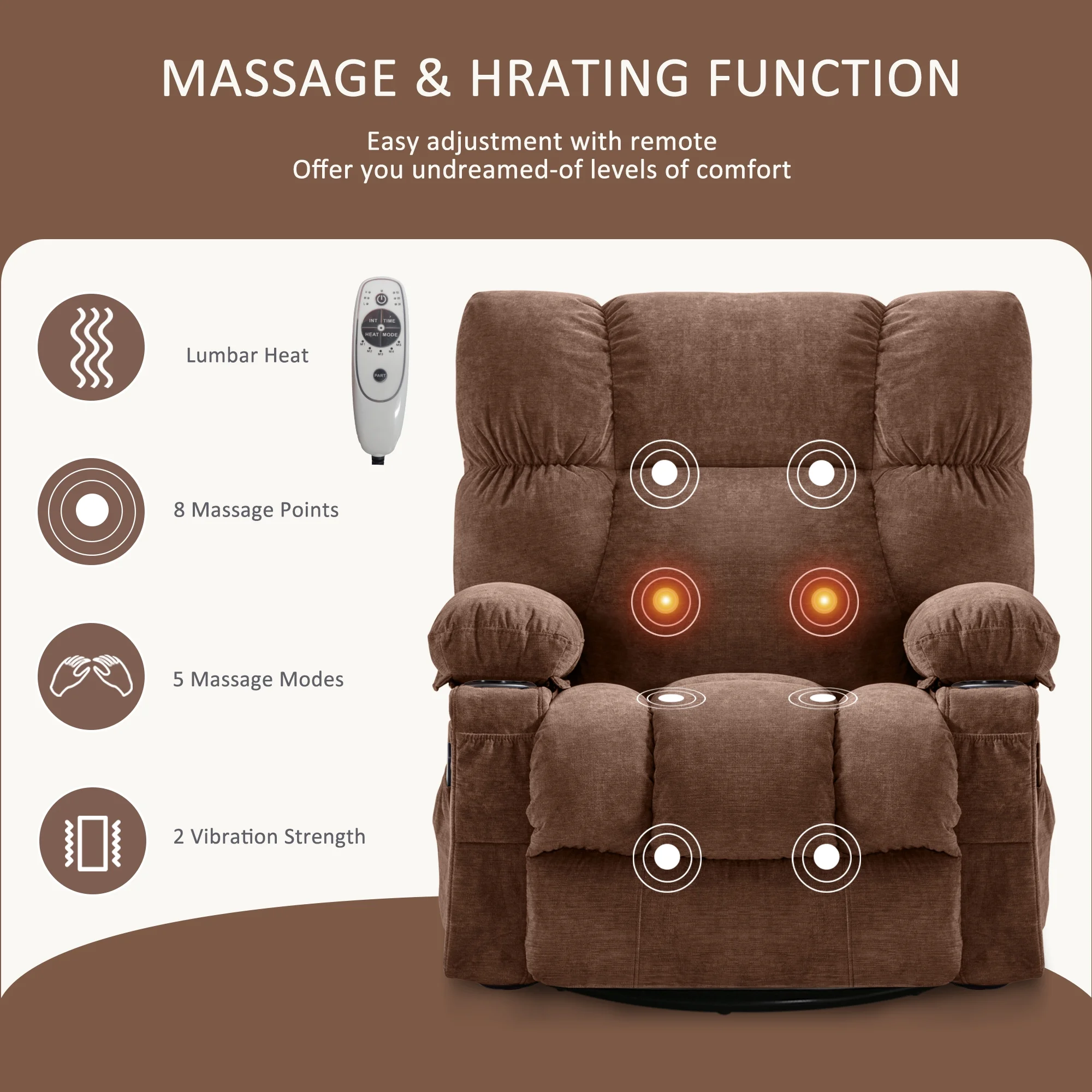 JONPONY Manual Recliner Chair with Heat Therapy and Massage Function, Heavy Duty Reclining Mechanism Massage Chair, Elderly Single Rocker Sofa with Cup Holders for Bedroom Home Theater, Grey