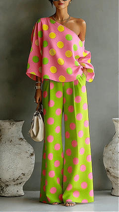 Women's Colorful Polka Dot Off-Shoulder Flowy Two-Piece Set - Nordfashionstorm - Women's Clothing, Fashion for You - Nordfashionstorm.com