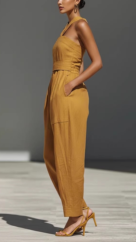Women's Linen Blend Crossover Halter Neck Loose Fit Jumpsuit - Nordfashionstorm - Women's Clothing, Fashion for You - Nordfashionstorm.com