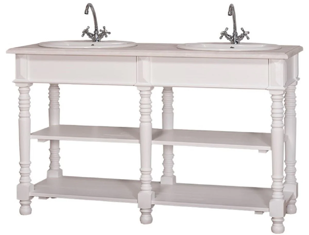 Country house style double washbasin cabinet white / light gray 150 x 54 x H. 90 cm - solid wood washbasin - bathroom furniture in country house style