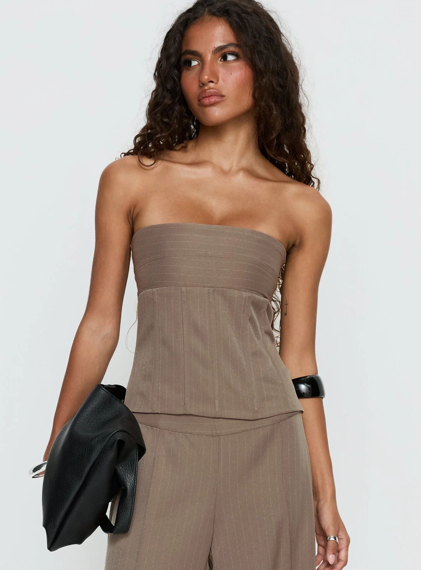 Madelle Strapless Tie Up Top Brown Pinstripe