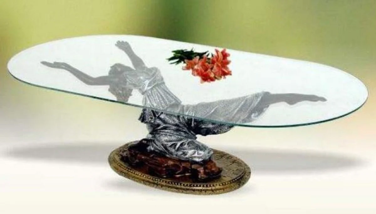 Art Nouveau coffee table woman silver / brown / antique gold H. 45 cm - Elegant living room table with oval glass top - Baroque & Art Nouveau furniture