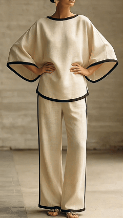 Women's Cotton-Blend Off-White Trimmed Loose Top & Wide-Leg Pants Set - Nordfashionstorm - Women's Clothing, Fashion for You - Nordfashionstorm.com