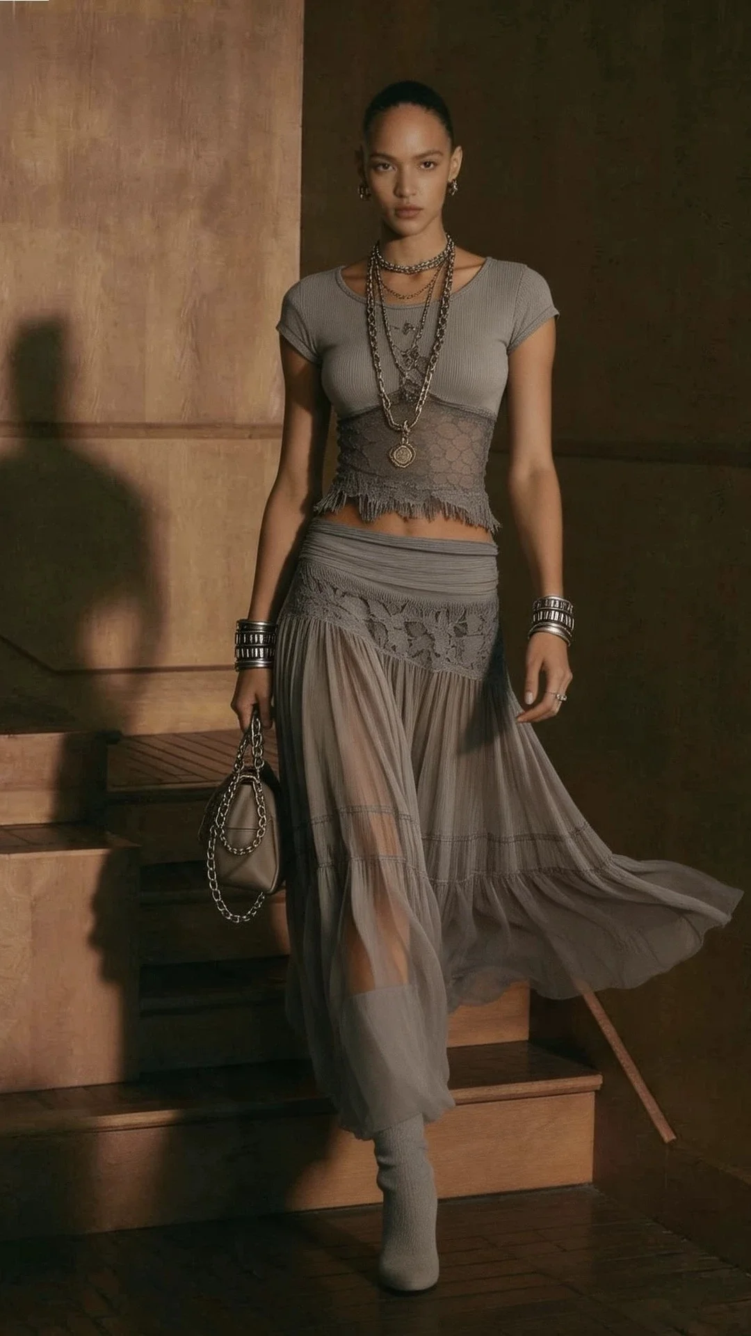 Women's Gray Knit Top & Flowy Chiffon Maxi Dress 2-Piece Outfit Set - Nordfashionstorm - Women's Clothing, Fashion for You - Nordfashionstorm.com