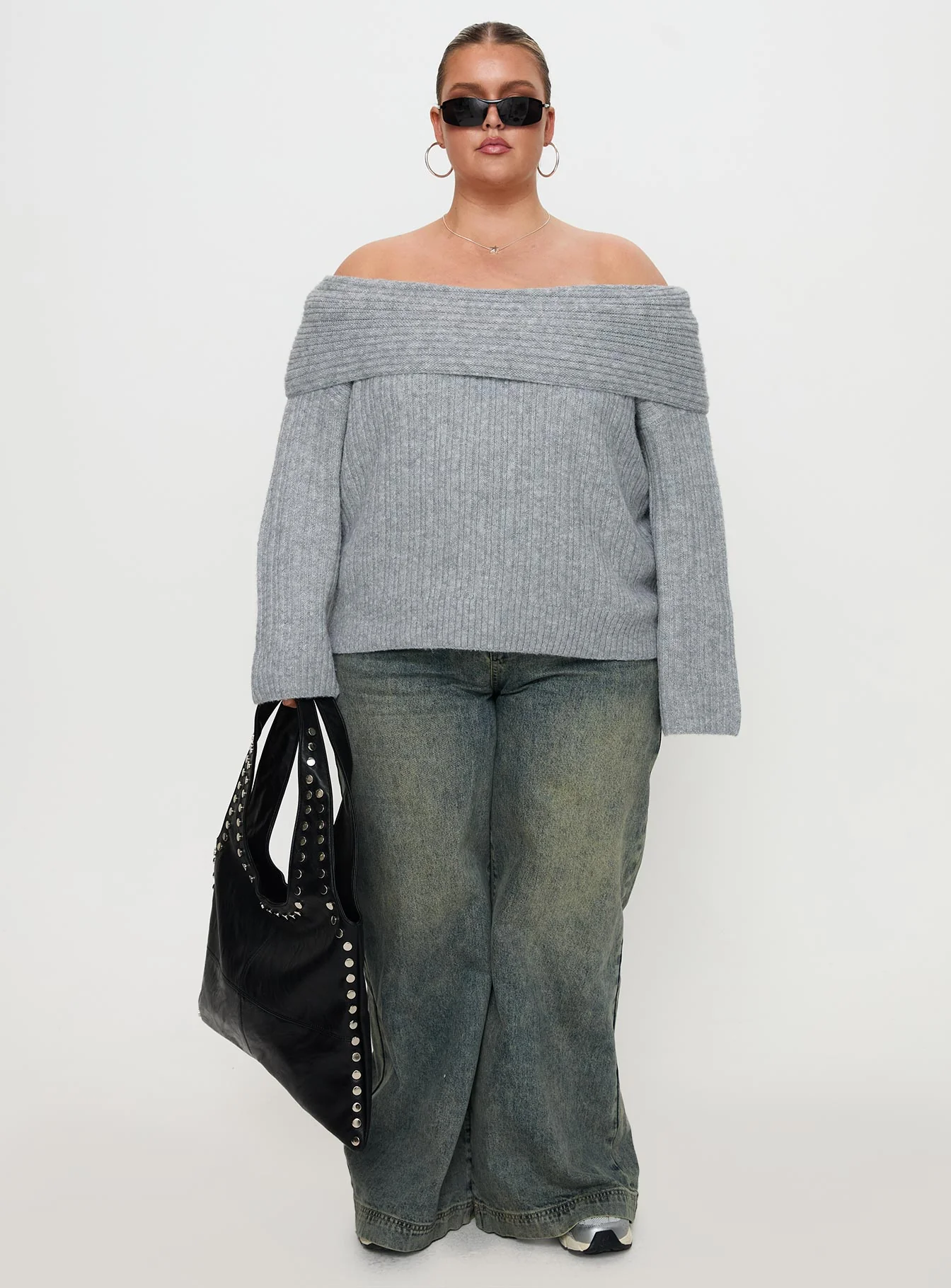 Snowie Off Shoulder Knit Sweater Grey Curve