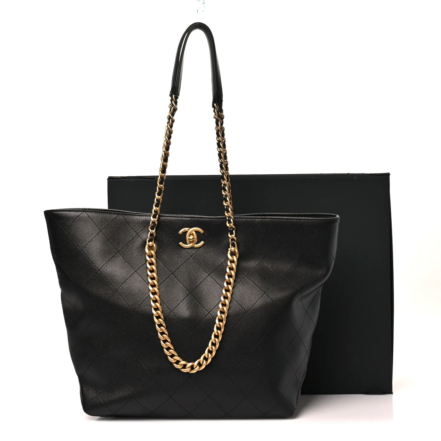 Shiny Caviar Stitched Softly Quilted Tote Black - Top Club