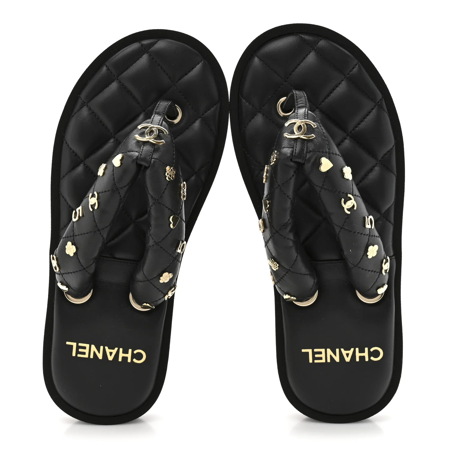 Lambskin Quilted Padded Charms Thong Sandals 36 Black