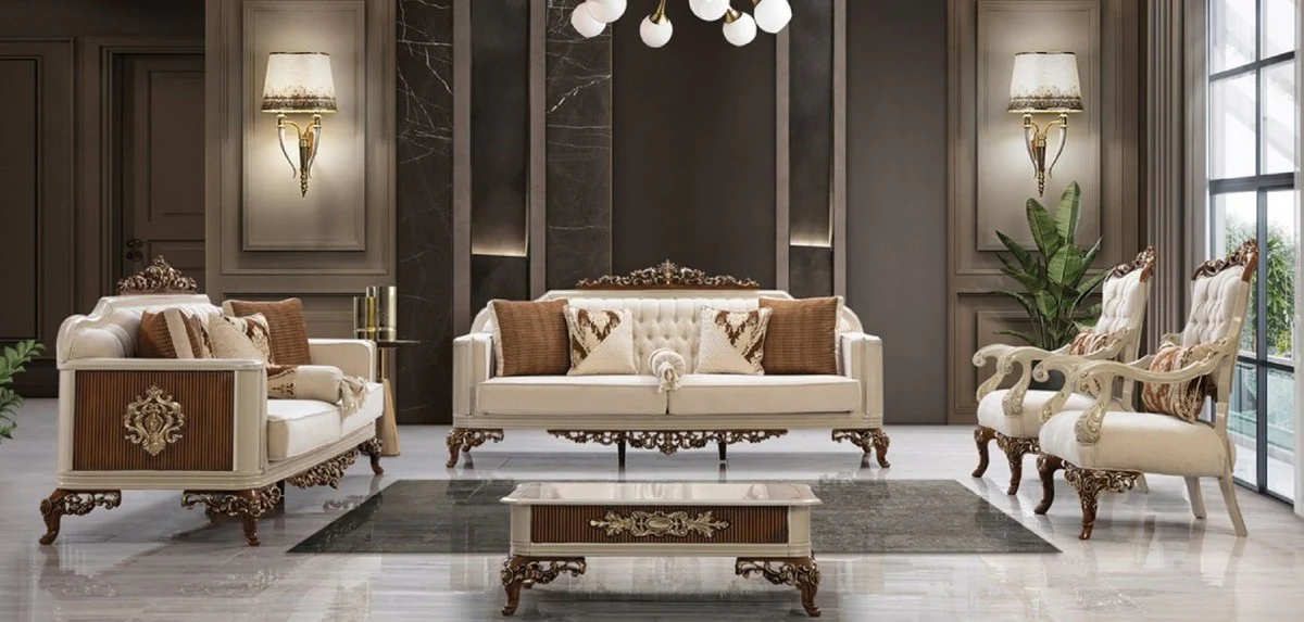 Luxury Baroque Living Room Set Beige / Gray / Brown / Gold - 2 Sofas & 2 Armchairs & 1 Coffee Table - Handmade Living Room Furniture in Baroque Style - Noble & Magnificent